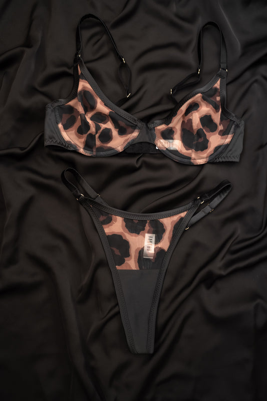Oona Leopard sheer lingerie set bra and panties flat lay