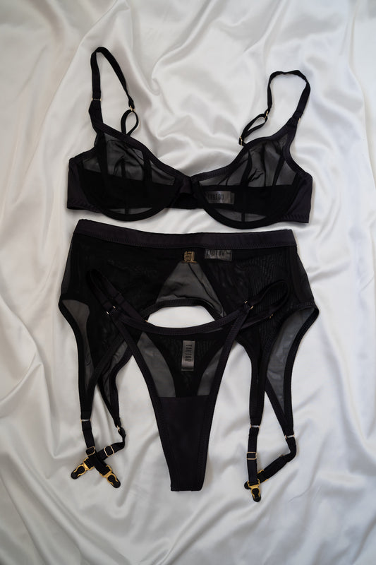 Refined Lines Tate Black mesh lingerie bra and panty flat lay