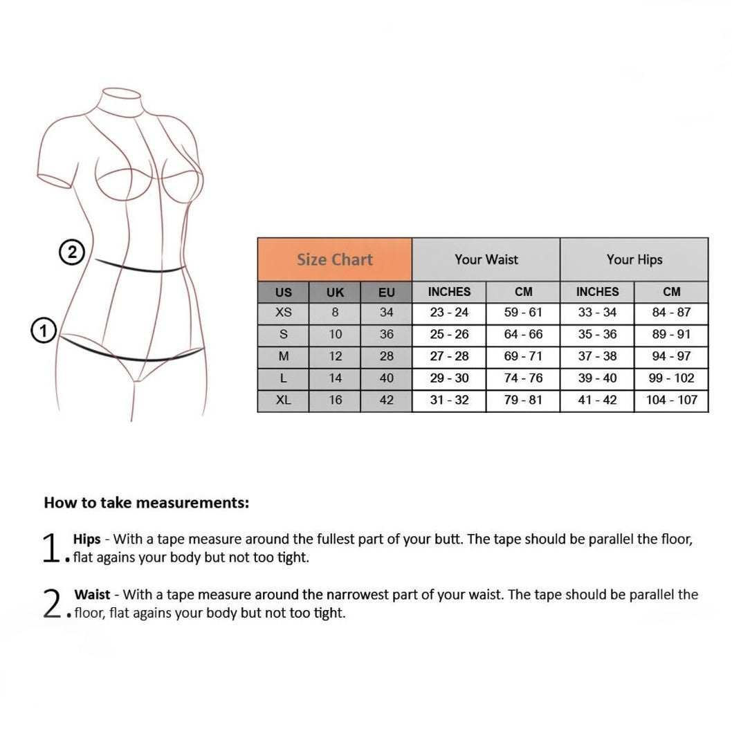 Size chart for lingerie with measurements in inches and centimeters, accompanied by a diagram of a mannequin and measurement instructions.