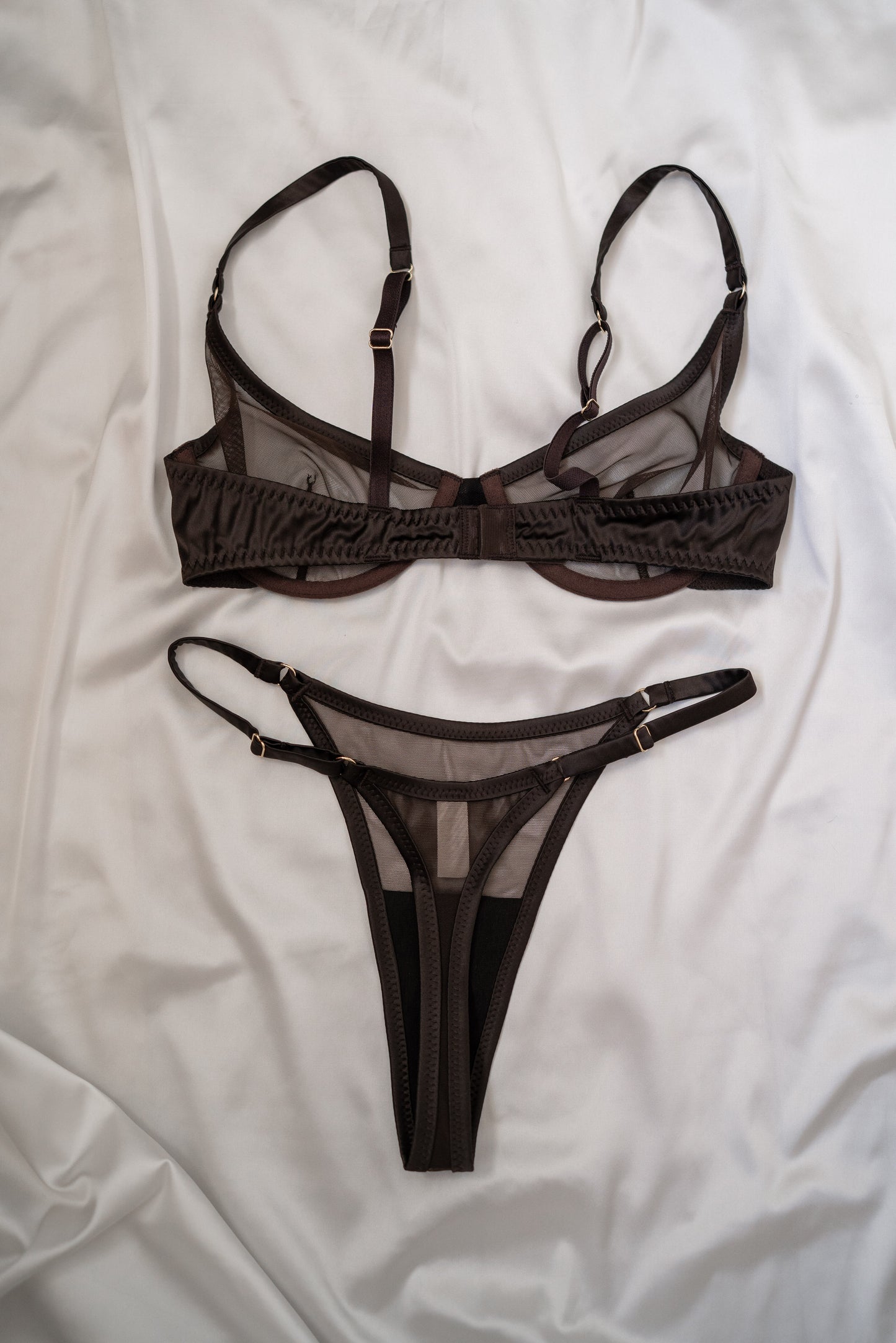 Oona sheer mesh lingerie bra and panties flat lay