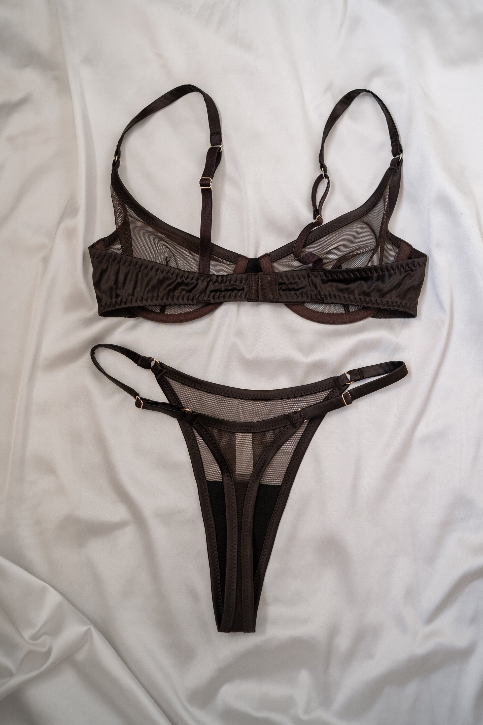 Oona sheer mesh lingerie bra and panties flat lay