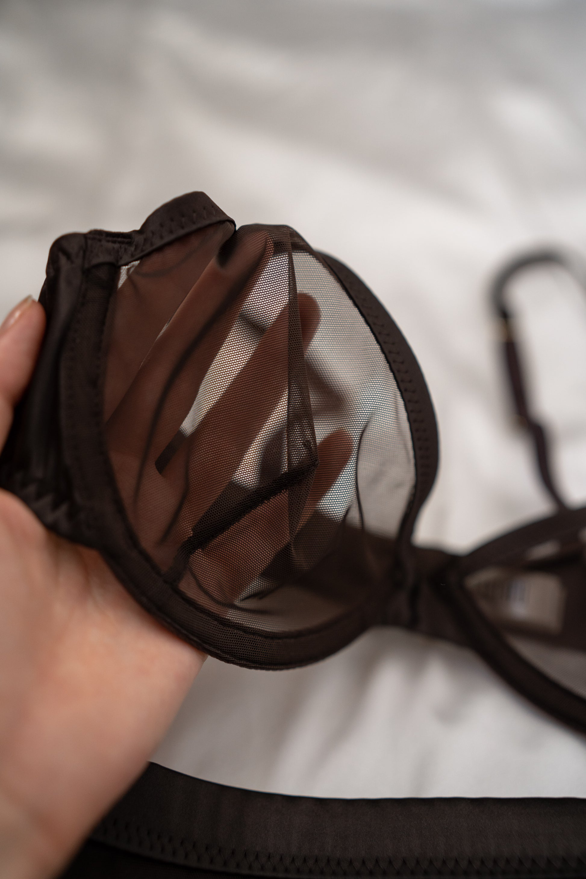 Close view of Tautou Oona mesh lingerie set handmade dark chocolate 