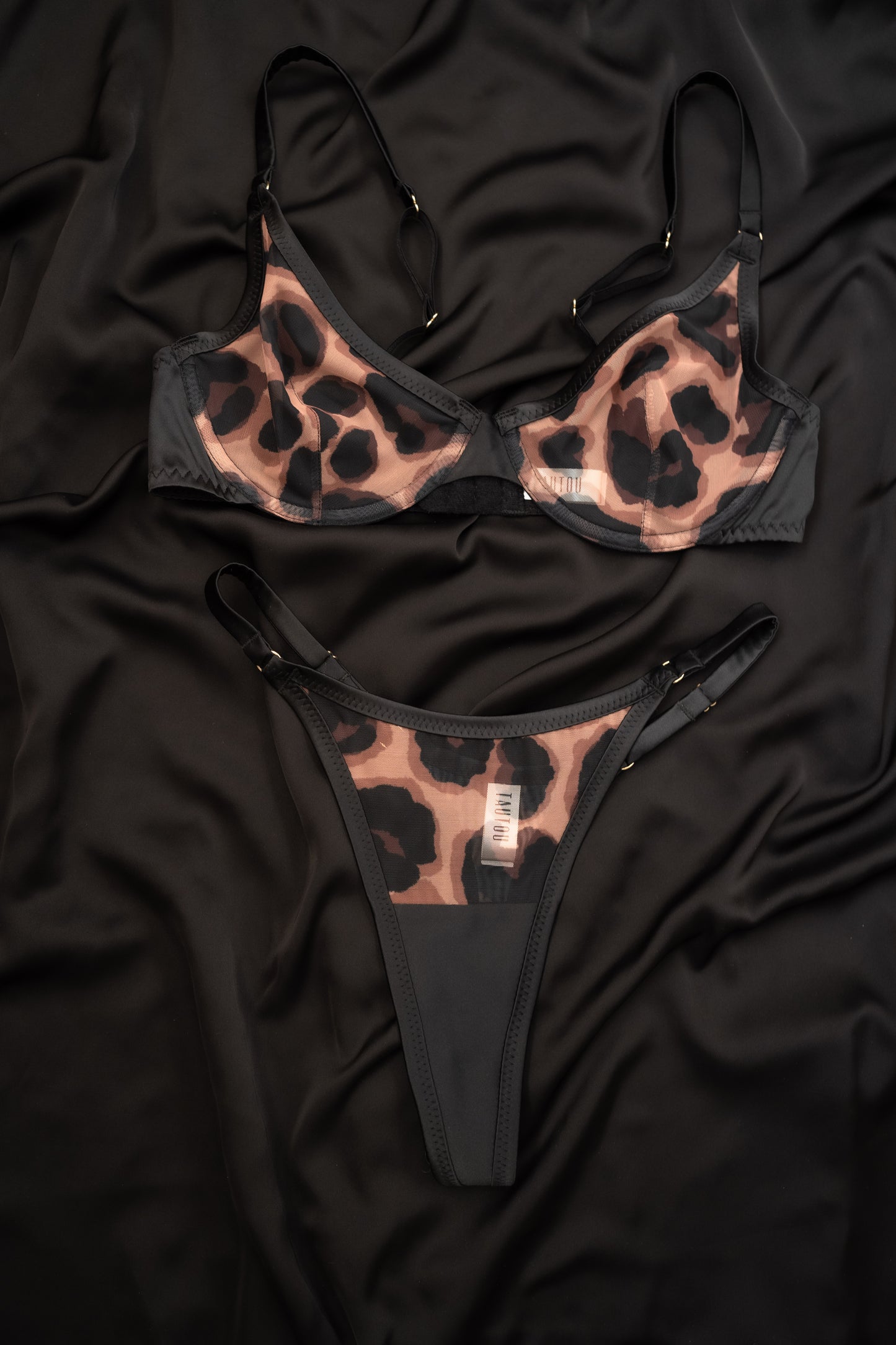 Oona Leopard sheer lingerie set bra and panties flat lay