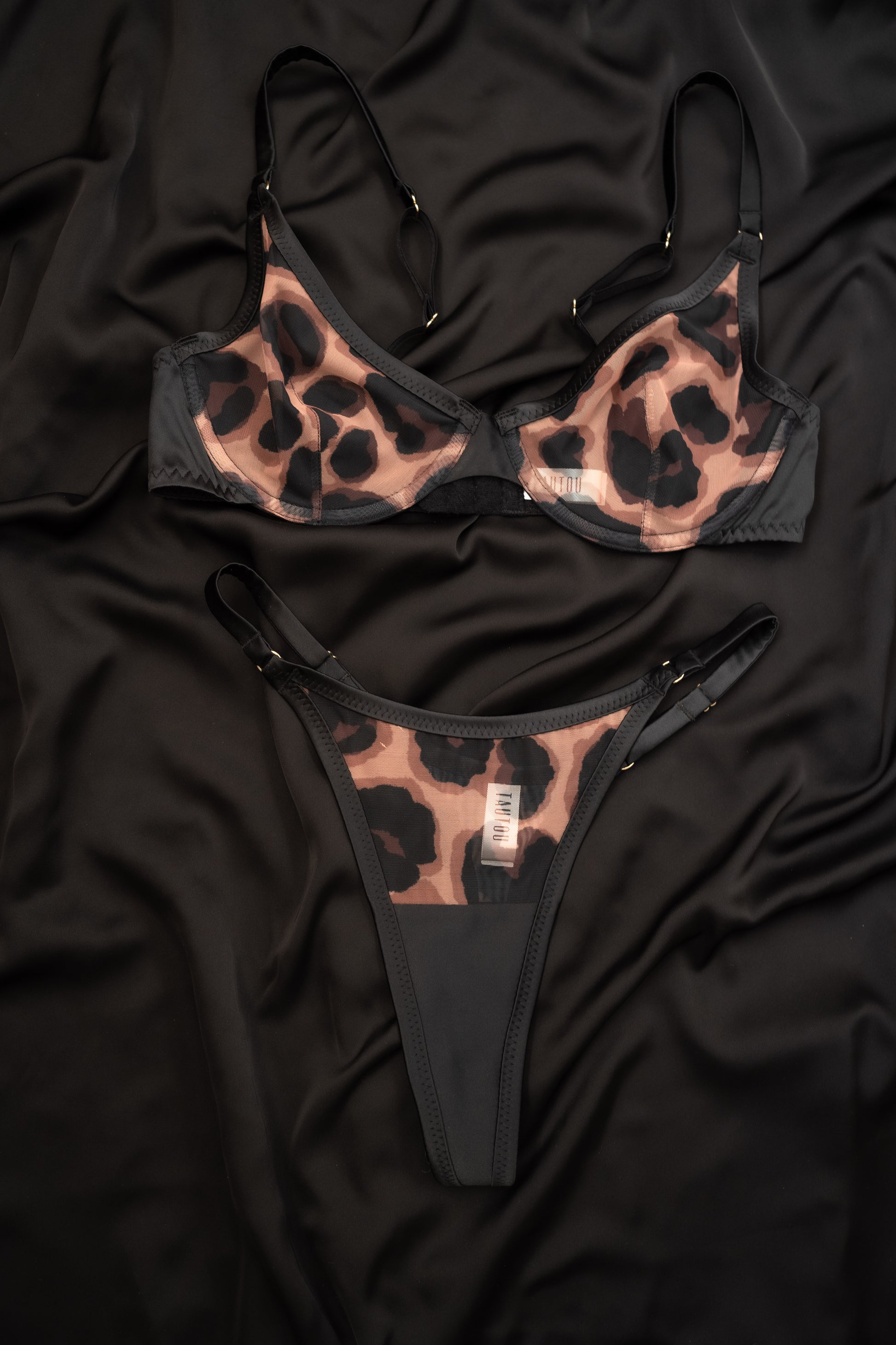 Oona Leopard sheer lingerie set bra and panties flat lay