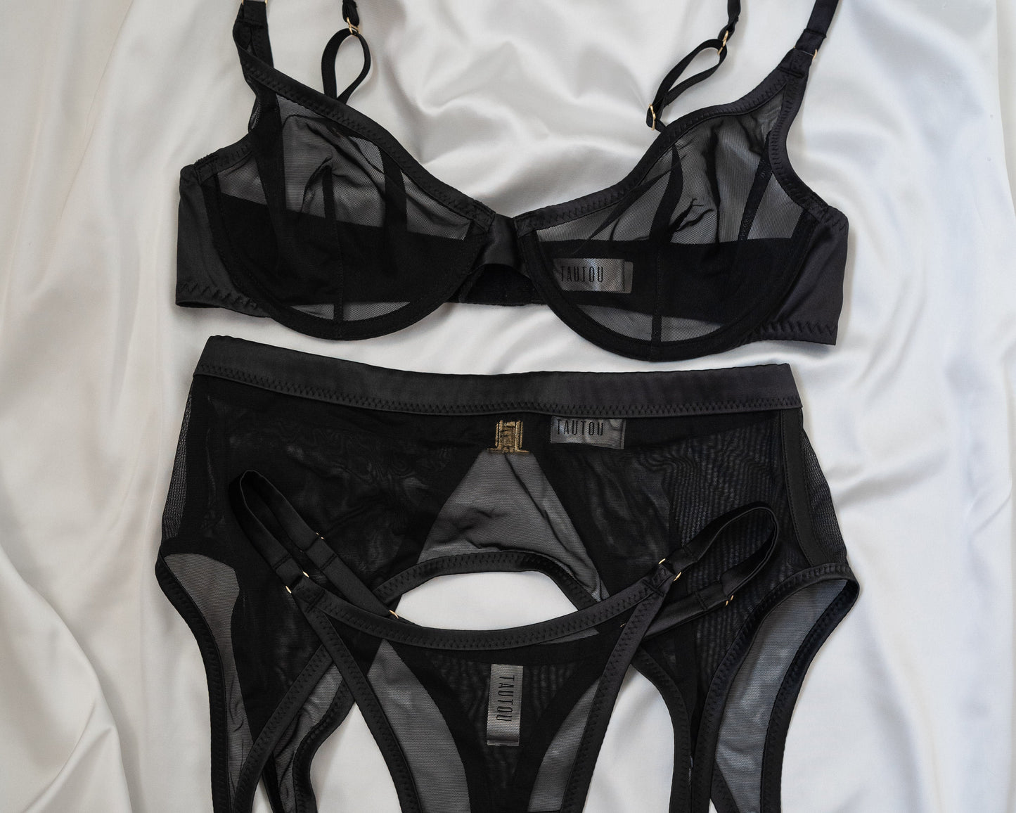 Tautou Tate Black mesh lingerie set flat lay front view