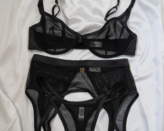 Tautou Tate Black mesh lingerie set flat lay front view