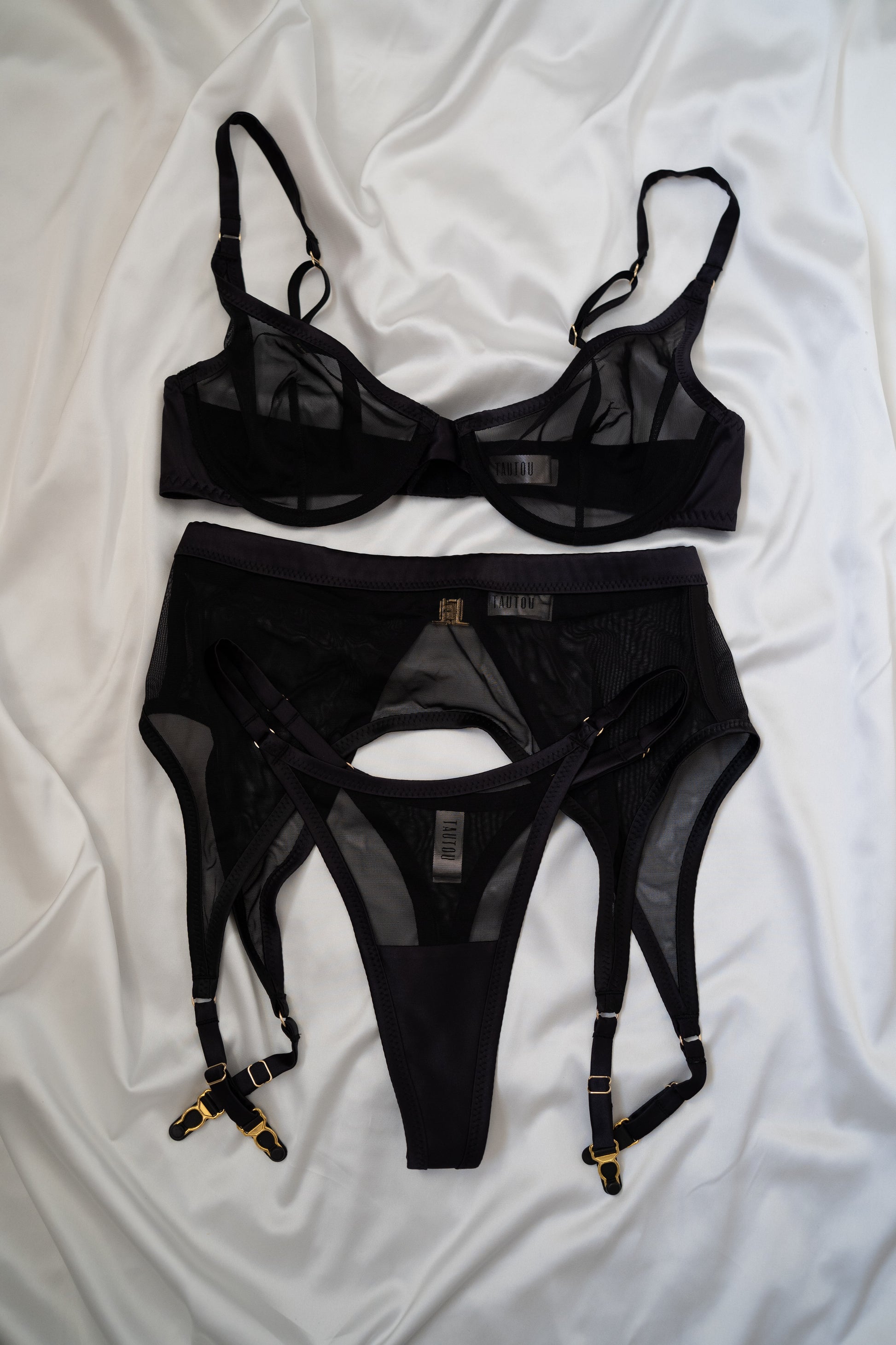 Refined Lines Tate Black mesh lingerie bra and panty flat lay