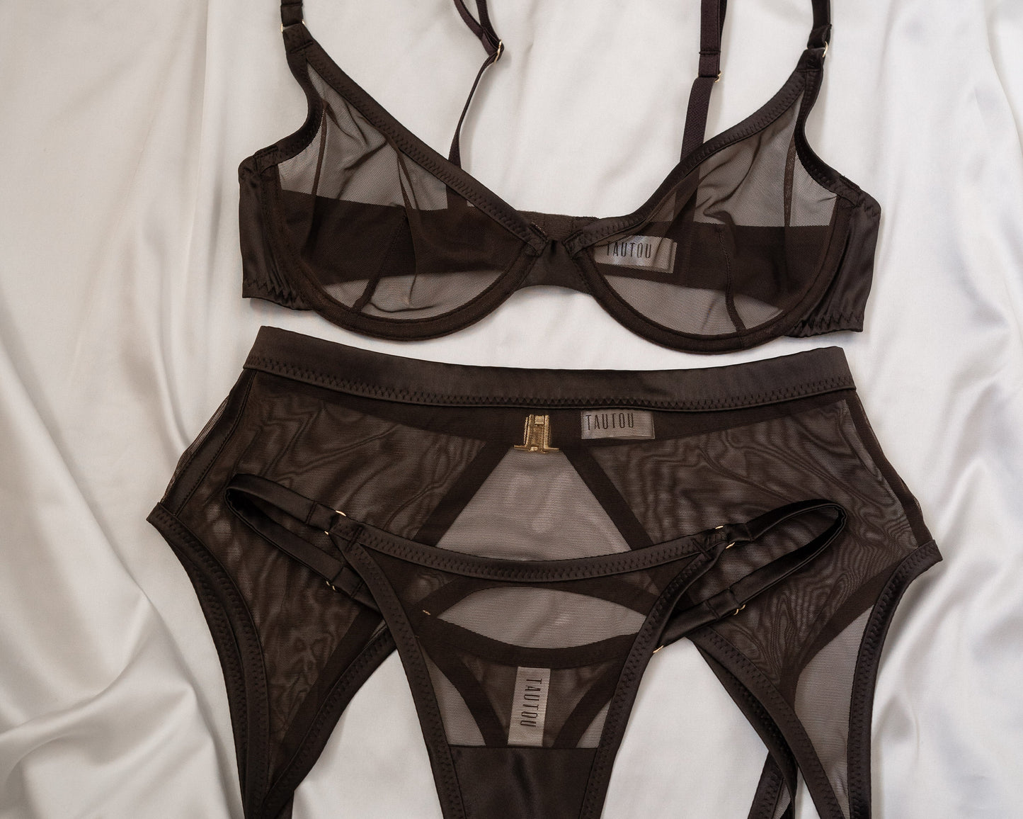 Tautou Tate Chocolate mesh lingerie set flat lay front view