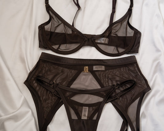 Tautou Tate Chocolate mesh lingerie set flat lay front view