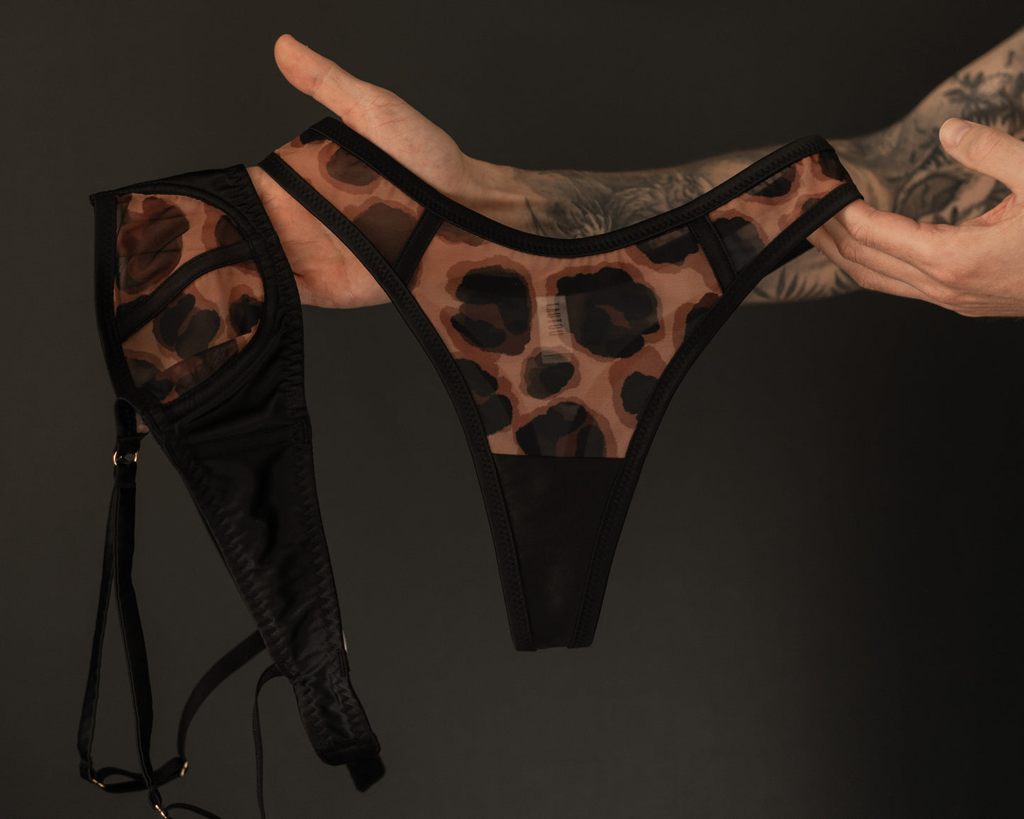 Front view of Vivienne Leopard satin and mesh lingerie handmade