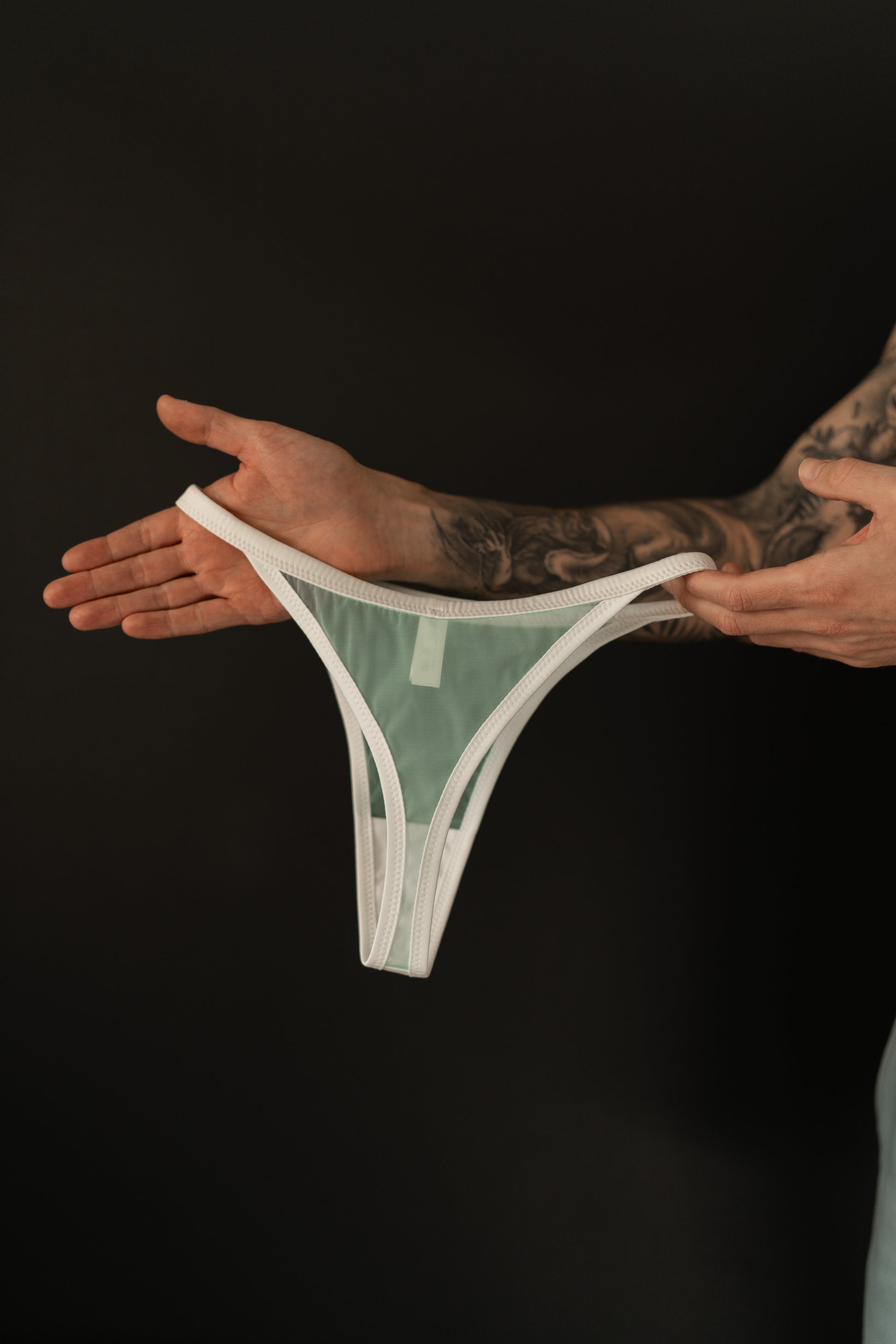 Front view of Kate Milk satin thong handmade by Tautou