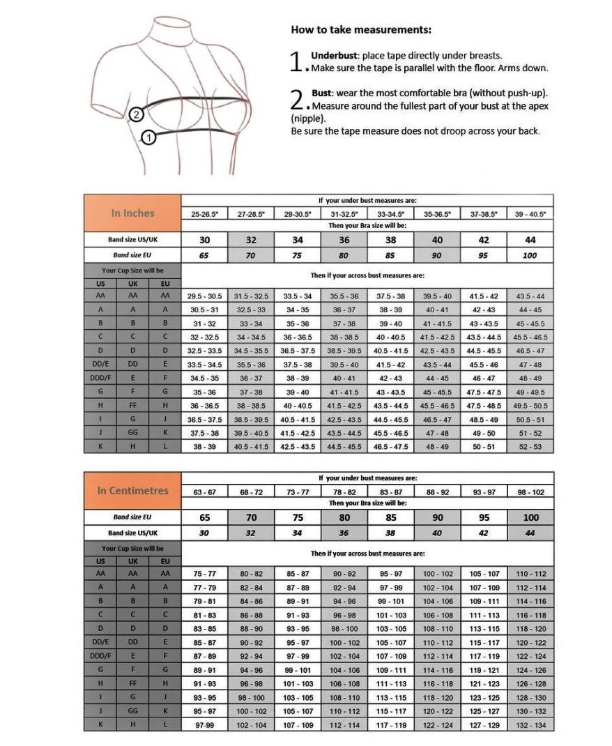 Measurement chart for sizing lingerie with instructions on how to take measurements.